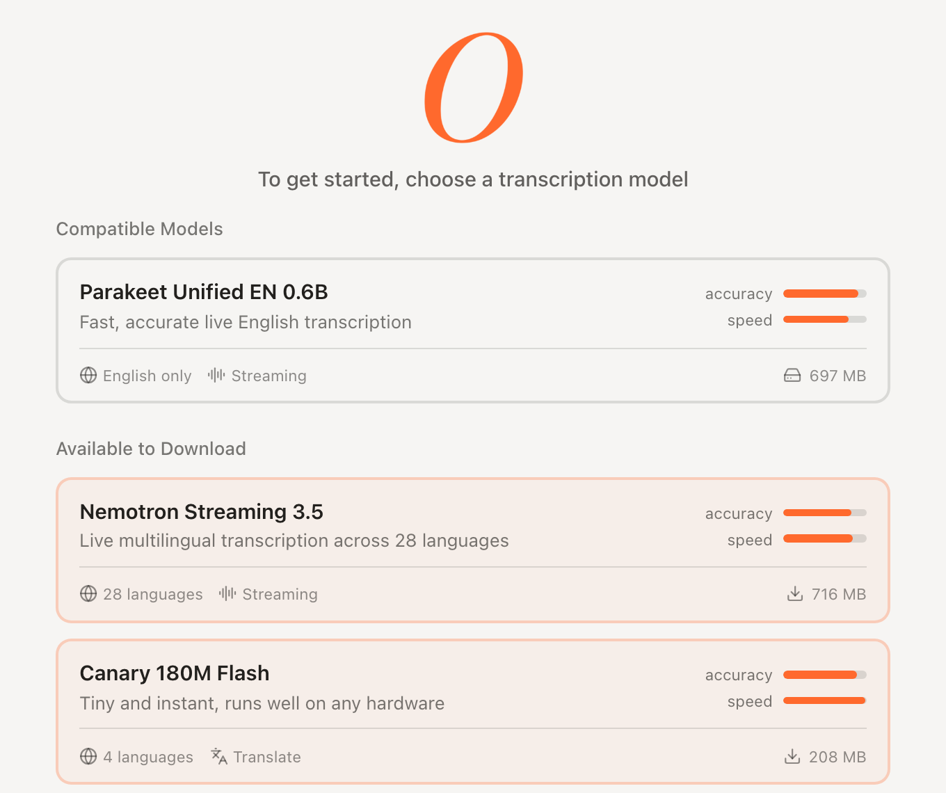 The 0ne Dictate model picker, with the recommended model highlighted
