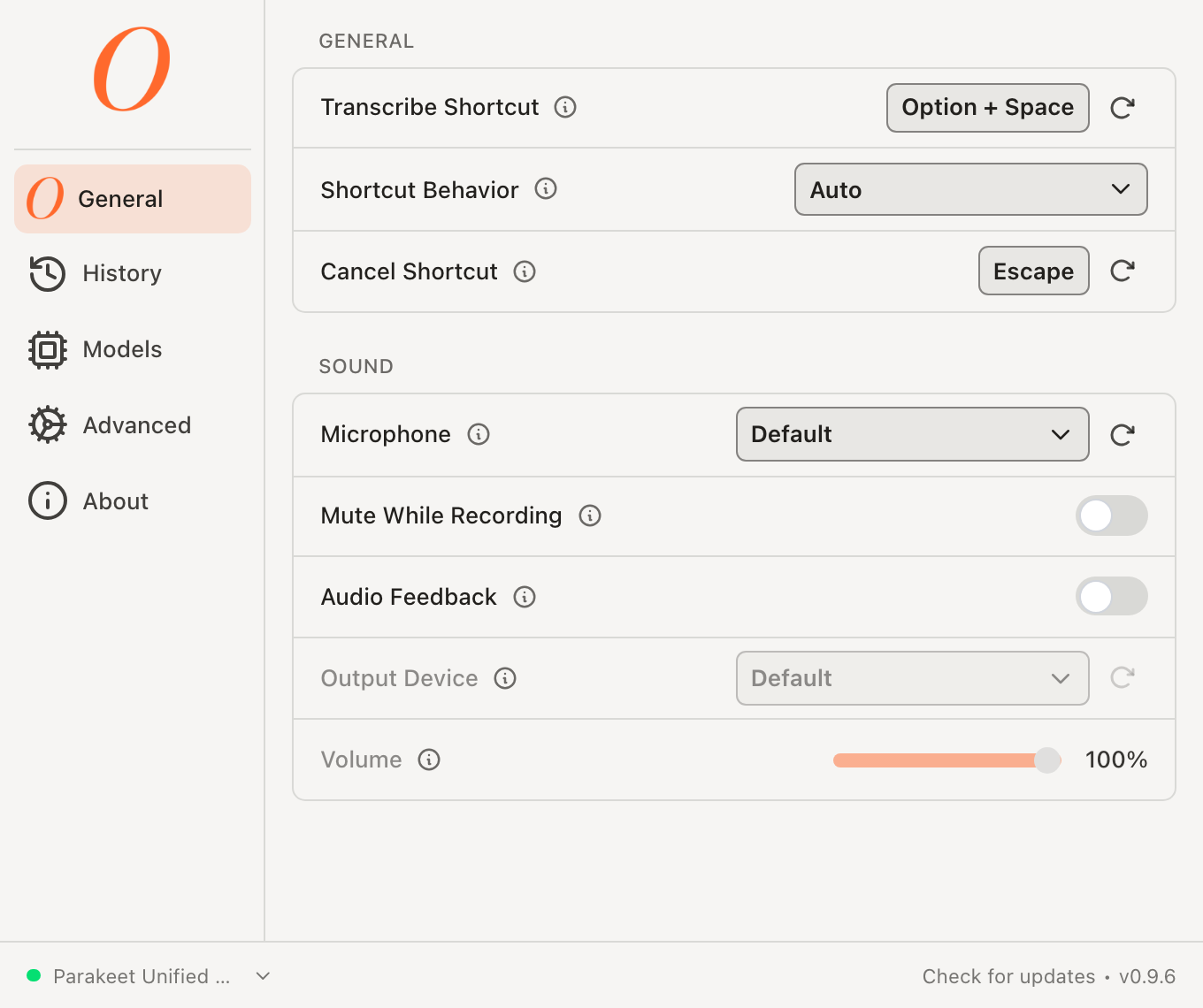 0ne Dictate General settings, showing the keyboard shortcut and microphone options